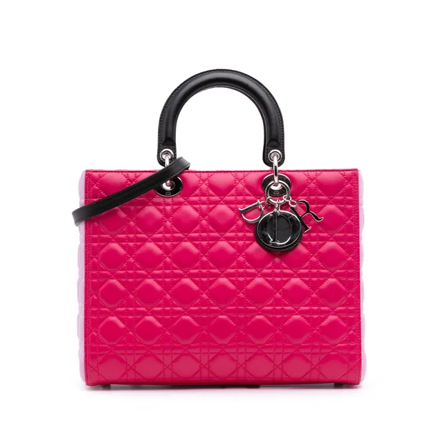Pink Dior Large Tricolor Lambskin Cannage Lady Dior Satchel in Pink Lambskin from Designer Revival
