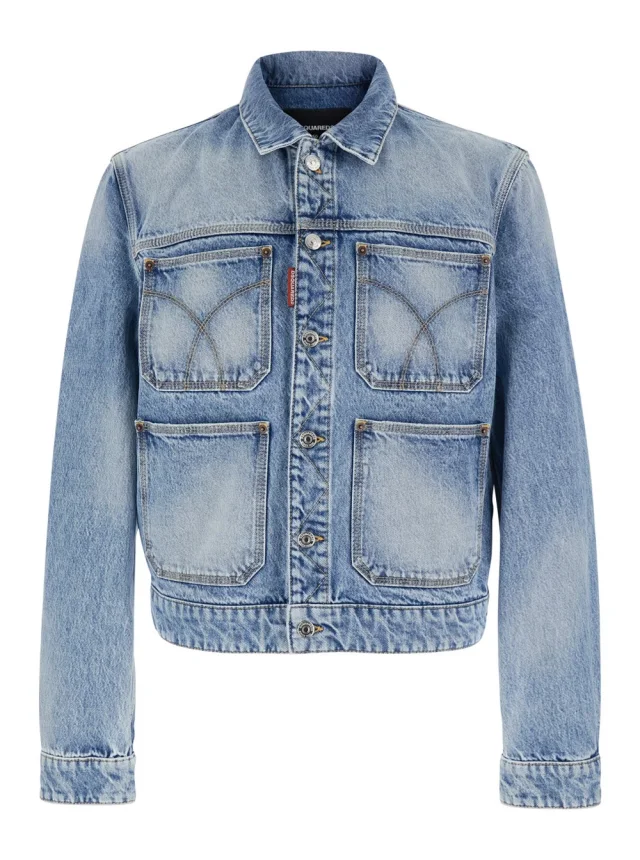 Light Blue Jacket '70's' with Classic Collar and Four Patch Pockets on the Front in Denim for Men, image 1 of 1 from Gaudenzi Boutique