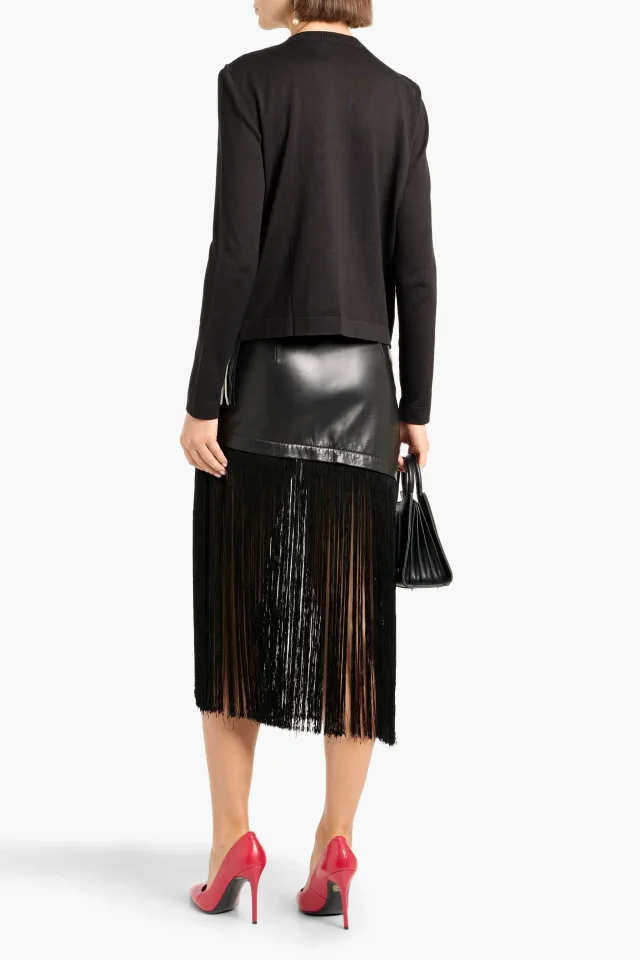 Oscar de la Renta Fringed Checked Jacquard Silk-Blend Cardigan in Black, photo 3 of 4 from THE OUTNET
