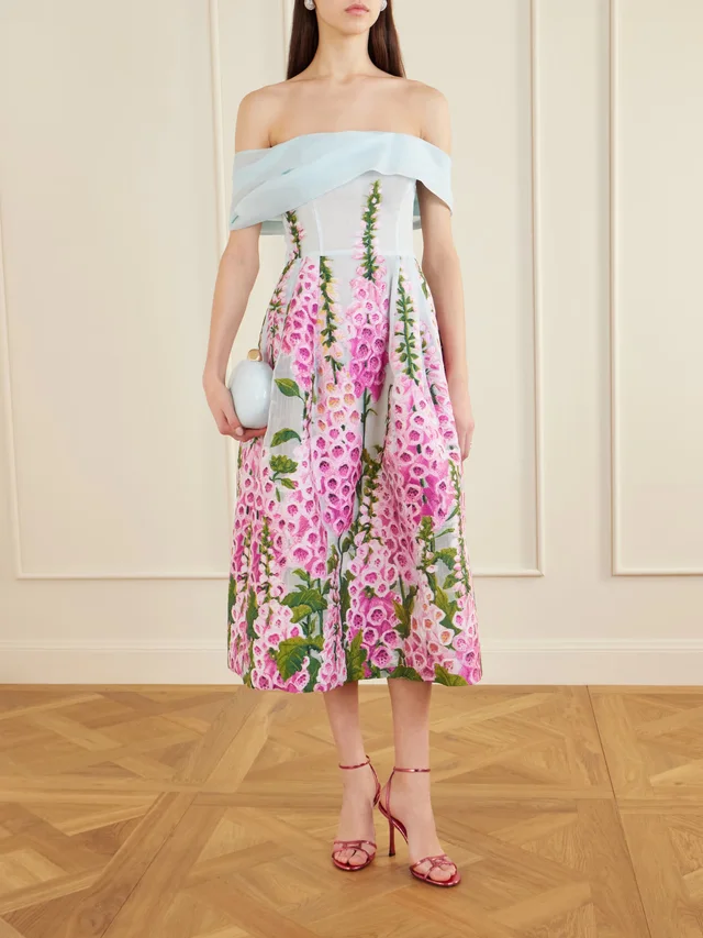 OSCAR DE LA RENTA Off-the-shoulder floral-appliquéd organza midi dress in Pink, photo 2 of 2 from NET-A-PORTER (Canada)
