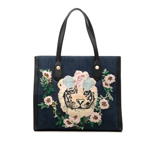 Blue Gucci Denim Embroidered Tiger Tote in Blue Denim from Designer Revival