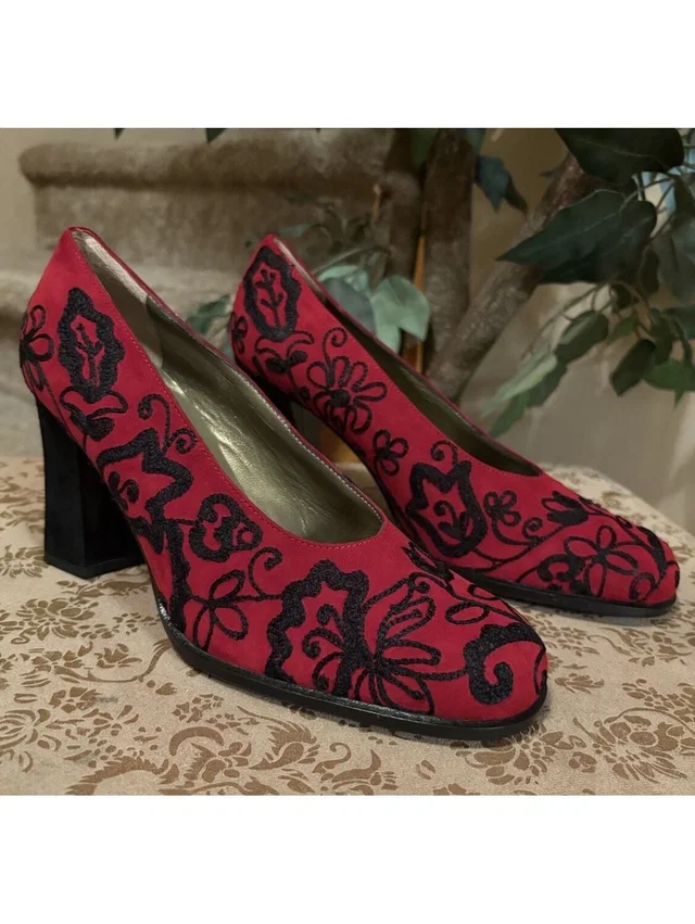 Vintage Yves Saint Laurent Red Embroidery Black On Red Suede Heels Size 8.5 in red Suede from Poshmark