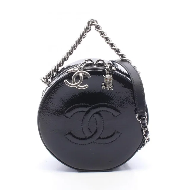 Chanel Handbag CC Logo Round 2-Way Black Patent Leather Chain in Black Patent leather from The Reluxe