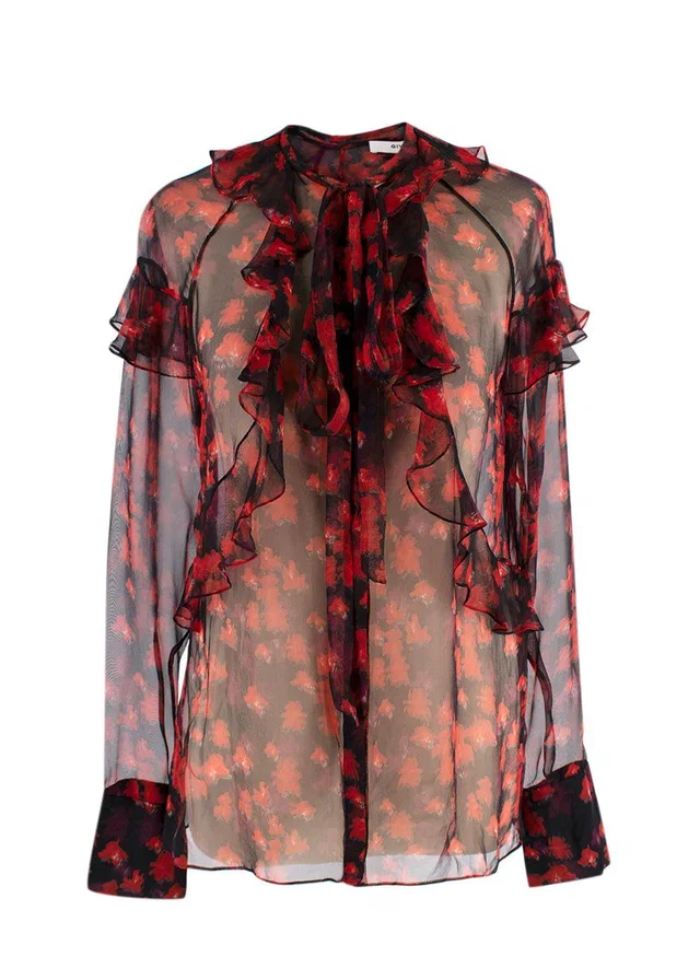 Givenchy Red and Black Floral Sheer Silk Blouse in Black Silk from HEWI