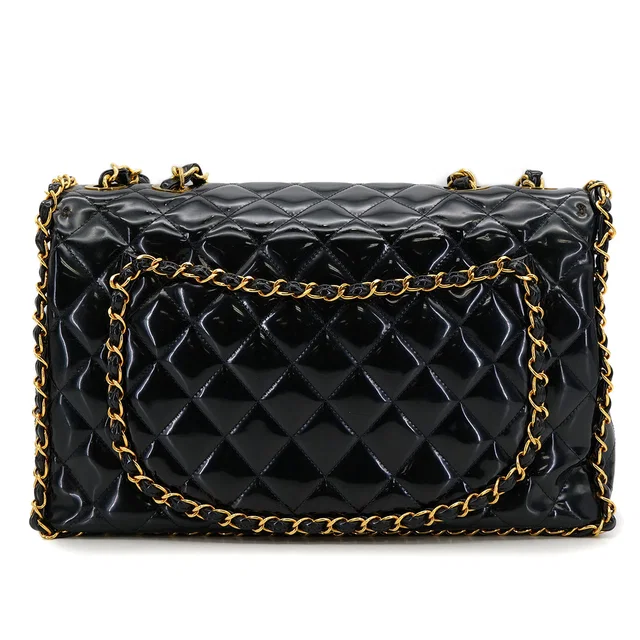 Chanel Vintage Maxi Matelasse 34 Chain Shoulder Bag Black Patent Leather Gold Hardware in Black Patent leather from Luxury Promise