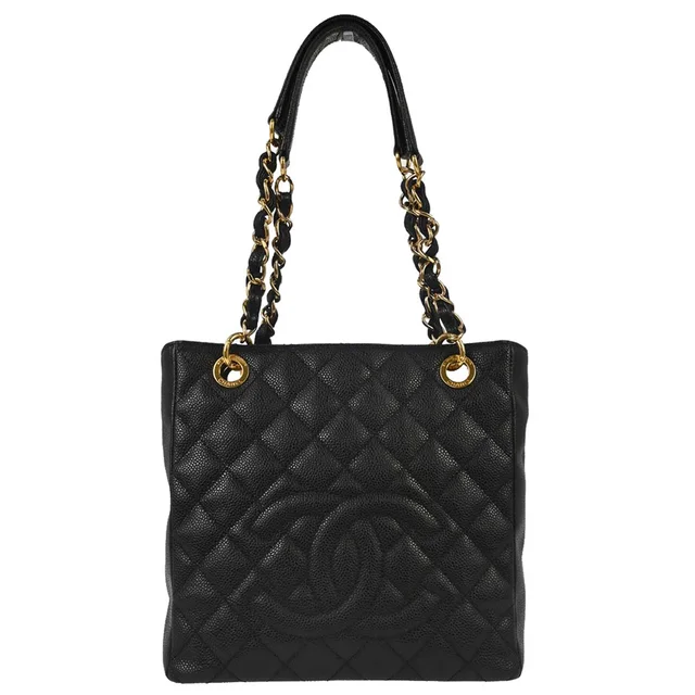 Chanel 2010-2011 Black Caviar Skin Petite Shopping Tote PST Chain Handbag in Black Caviar leather from AMORE Vintage Tokyo