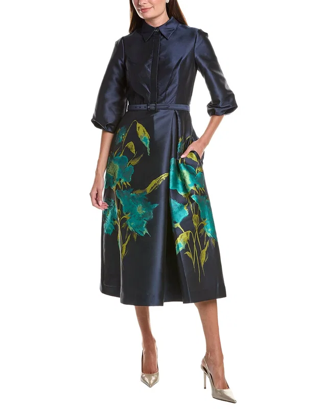 Teri Jon by Rickie Freeman Jacquard Floral Puff Sleeve Belted Shirtdress in //asset2.ruecdn.com/images/sw/105079/1050791716_RLSW_navy multi.jpg, image 1 of 1 from Rue La La