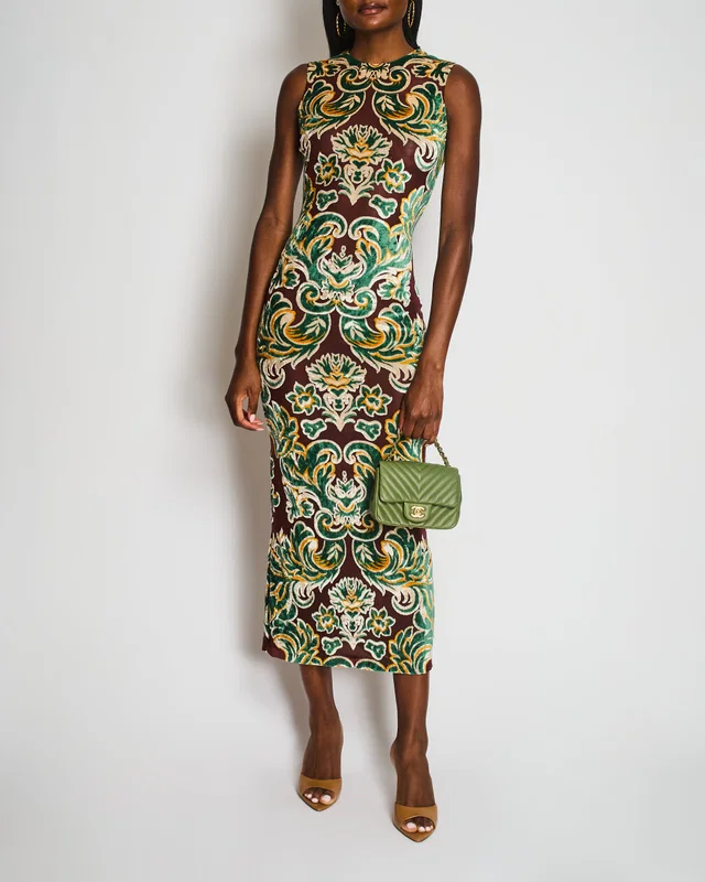 Etro Brown Mesh Sleeveless Maxi Dress with Green Velvet Leaf Prints Size IT 40 (UK 8) in Brown Velvet from Sellier