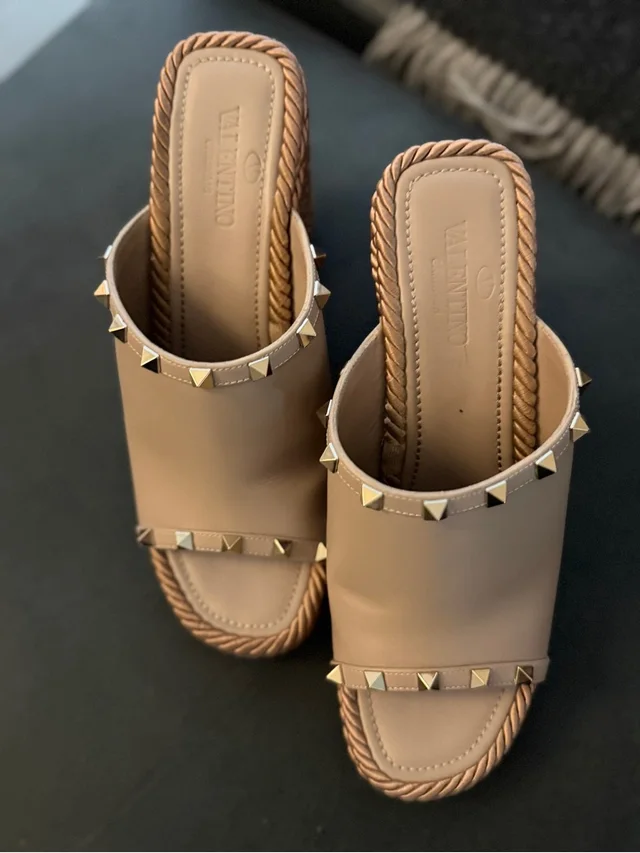 Valentino Garavani Tan Leather Pyramid-Stud Slide Mules in neutral|gold|brown Leather from Poshmark
