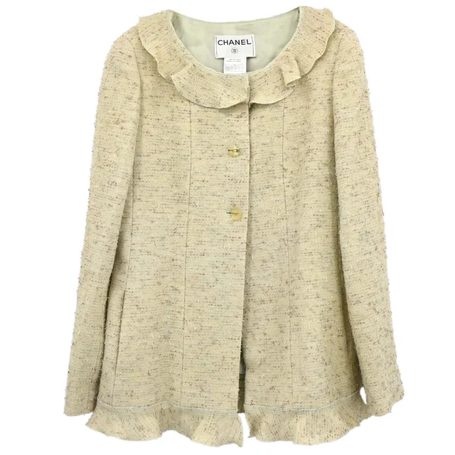 Chanel 1999 Ruffled Collar Jacket Tweed Green #40 in Green Tweed from AMORE Vintage Tokyo