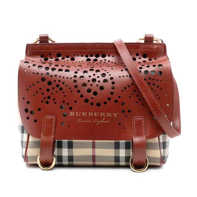 Red Burberry Baby Haymarket Check Coated Canvas and Perforated Leather Bridle Crossbody in Red Coated canvas from Designer Revival