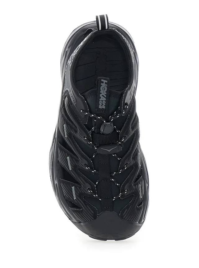 HOKA 'Hopara' Black Sandals with high rubber sole and logo lettering on the side in Tech Fabric Unisex in Black 100% Textile/Rubber, photo 6 of 6 from Gaudenzi Boutique
