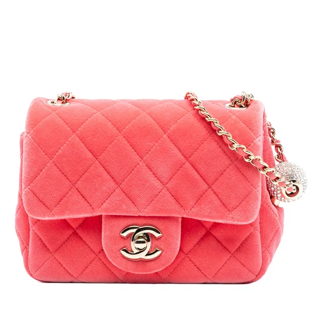 Pink Chanel Mini Square Classic Velvet Pearl Crush Single Flap Crossbody Bag in Pink Velvet from Designer Revival