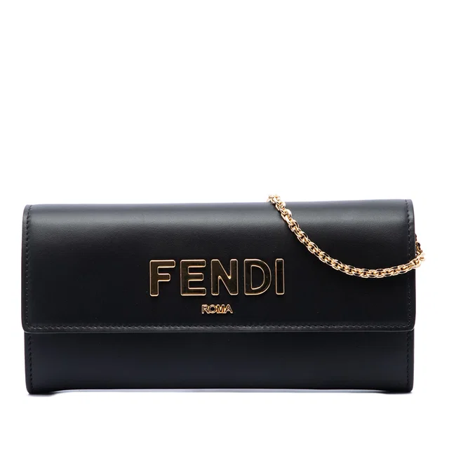 Black Fendi Leather Roma Continental Wallet On Chain Crossbody Bag in Black Leather from Designer Revival