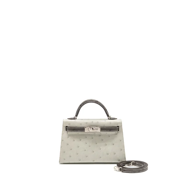 Hermès Mini Kelly II Special Order Ostrich Gris Perle / Graphite SHW Stamp W in Grey Ostrich from EMIER