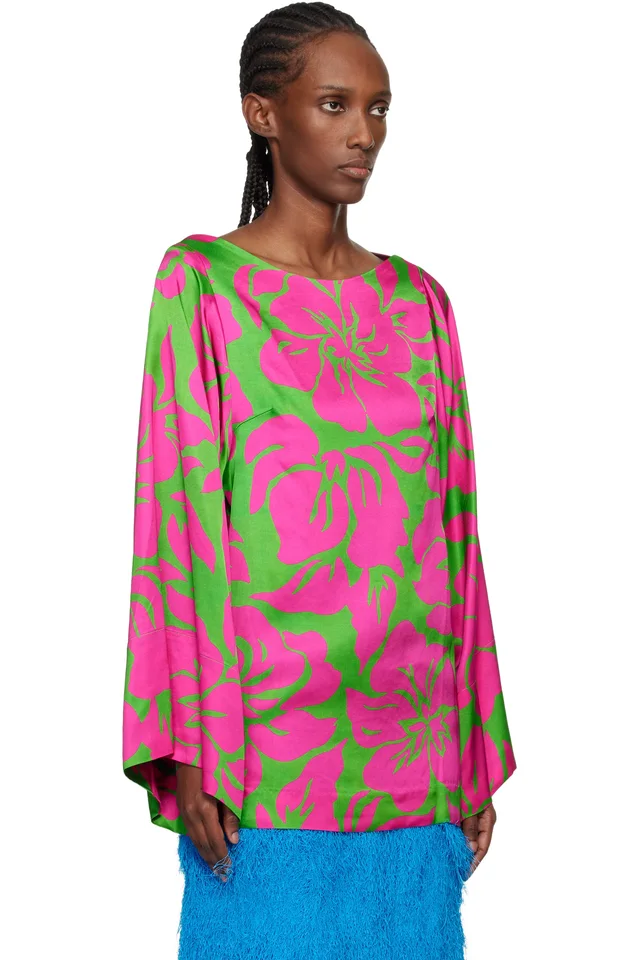 Dries Van Noten Pink & Green Satin Floral Print Blouse, photo 2 of 4 from SSENSE
