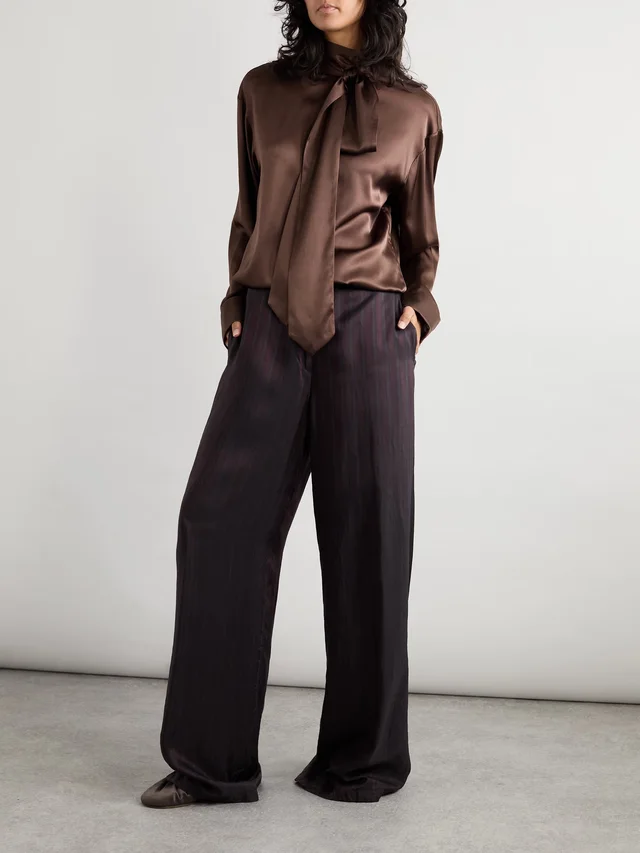 DRIES VAN NOTEN Pussy-bow silk-blend satin blouse in Brown, photo 2 of 2 from NET-A-PORTER (Canada)