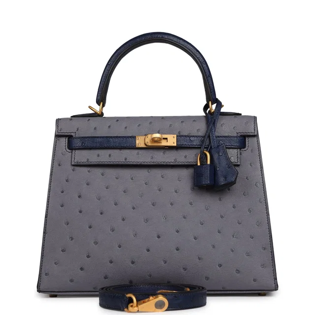 Hermès Special Order (HSS) Kelly Sellier 25 Gris Agate, Bleu Iris Ostrich Brushed Gold Hardware in Blue Ostrich from Madison Avenue Couture