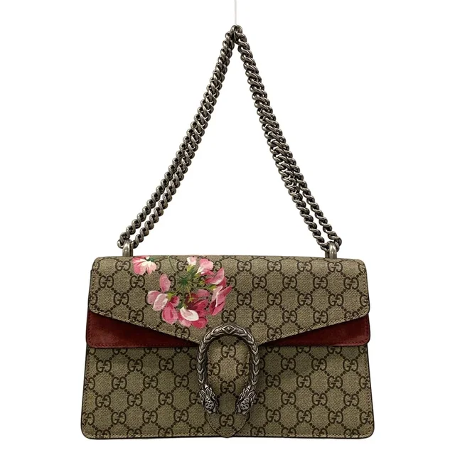 Gucci Shoulder Bag Dionysus GG Blooms Dark Brown Beige Bordeaux Chain in Brown Suede from The Reluxe