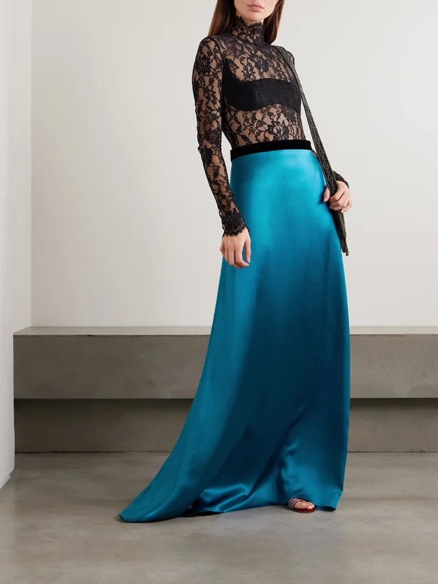 VALENTINO GARAVANI Velvet-trimmed satin-crepe maxi skirt in Blue, photo 2 of 2 from NET-A-PORTER (Canada)