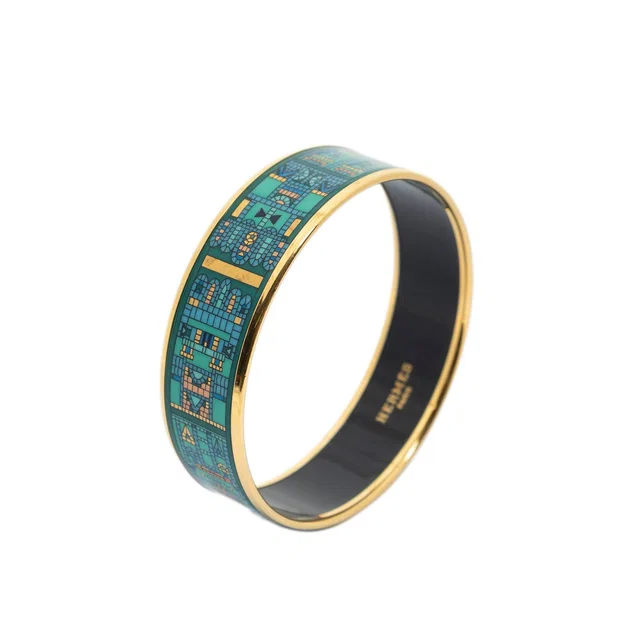 Hermès Enamel Bangle Teal Geometric Motif Bracelet in Blue from The Reluxe