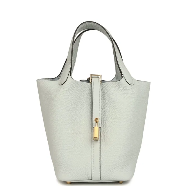 Hermès Picotin Lock 18 Bleu Pale Clemence Gold Hardware in Blue Clemence leather from Madison Avenue Couture