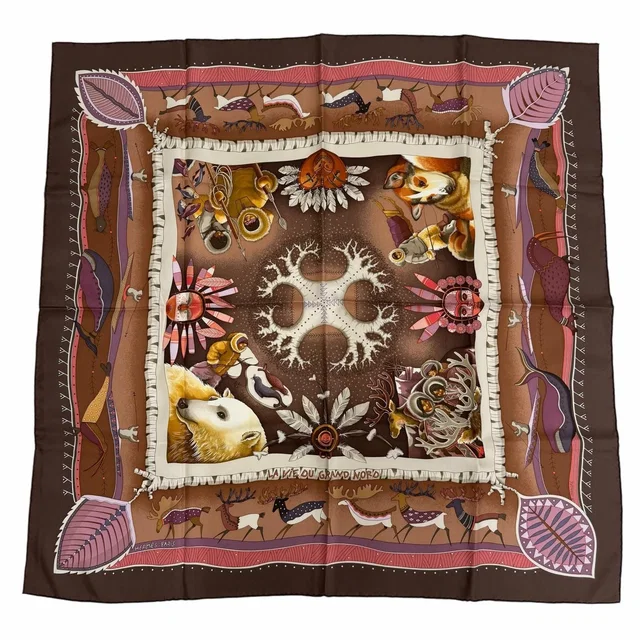 Hermès Carre 90 la Vie du Grand Nord Life in the Arctic Silk 100% Scarf Brown in Brown Silk from The Reluxe