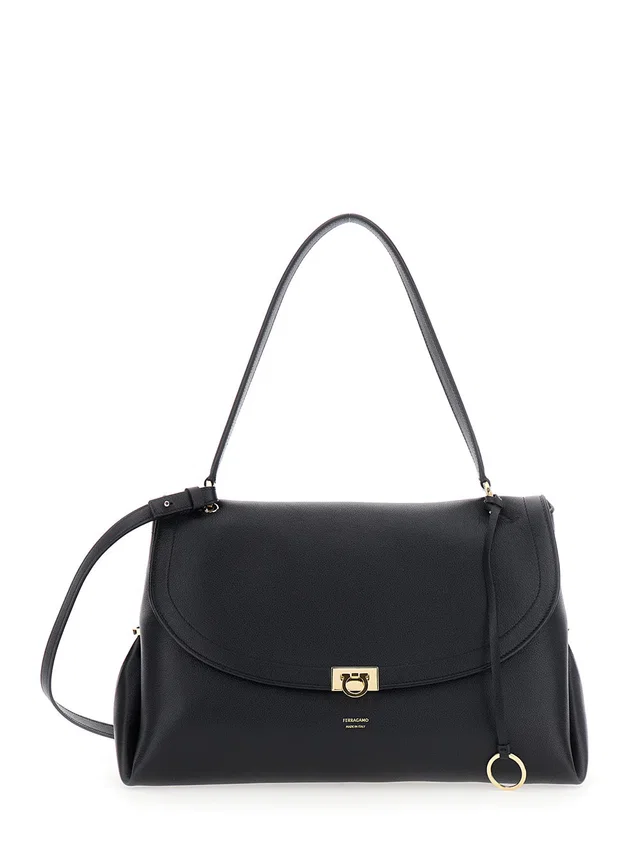 Ferragamo Gancini Buckle Leather Shoulder Bag — Black Calf in Black Leather from HEWI