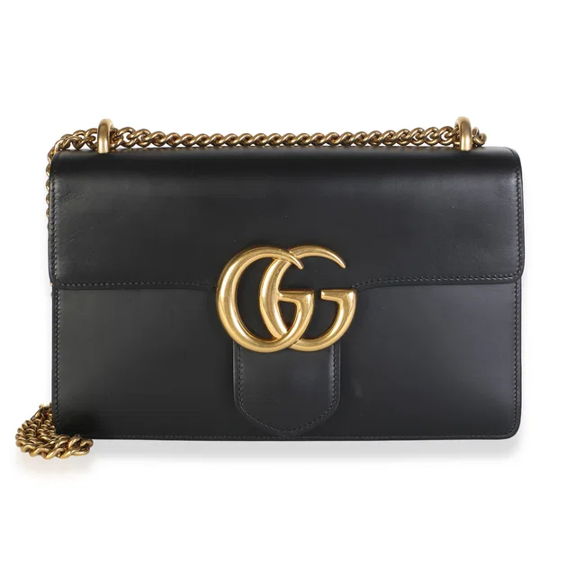 Gucci Black Smooth Calfskin Medium GG Marmont Chain Flap Bag in Black Calfskin from myGemma
