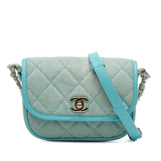 Blue Chanel Mini CC Quilted Denim Messenger Flap Crossbody Bag in Blue Denim from Designer Revival