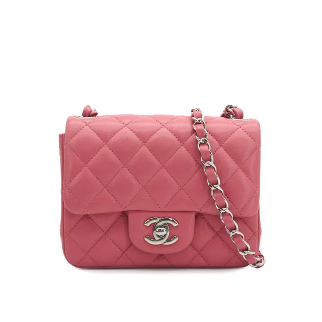 Chanel Mini Square 17 Chain Shuolder Bag Pink Lamb Skin Silver Hardware in Pink Leather from Luxury Promise