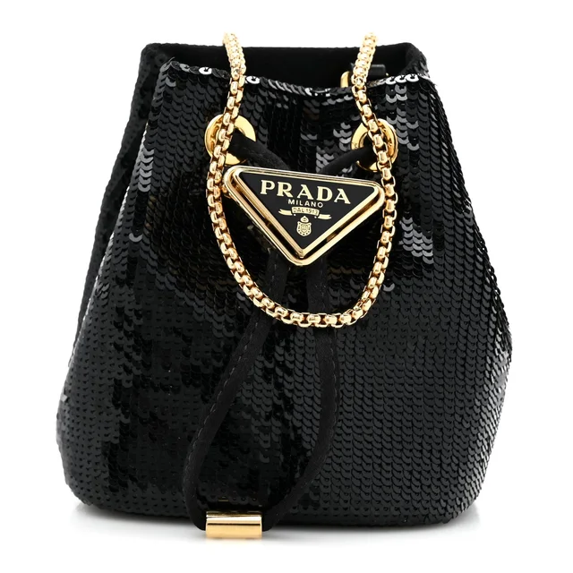 Prada Sequin Satin Triangle Logo Mini Pouch Bag - Black in Black Satin from H&T