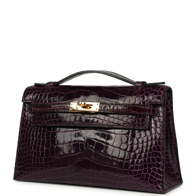 Hermès Kelly Pochette Aubergine Shiny Alligator Gold Hardware in Crocodile from Madison Avenue Couture, photo 2 of 2