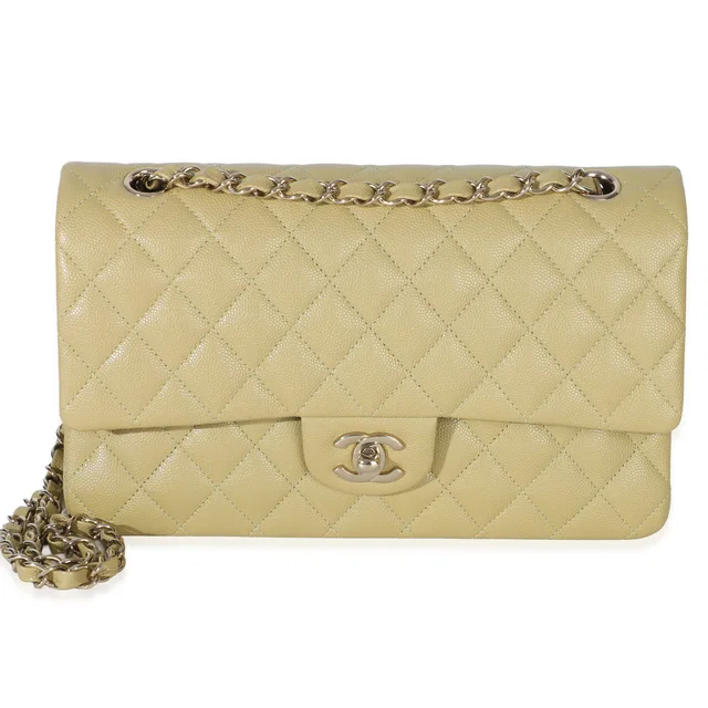 Chanel Olive Quilted Caviar Medium Classic Double Flap Handbag Green Leather in Green Caviar leather from HEWI