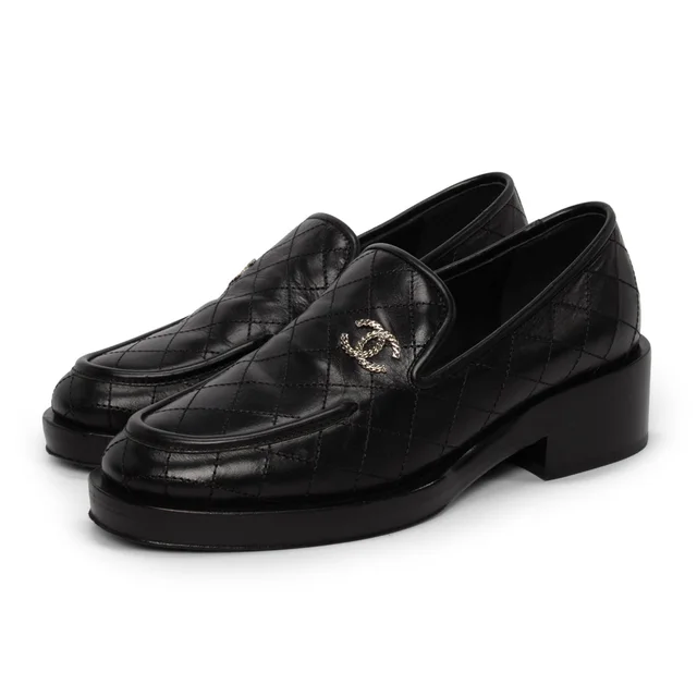 Chanel Quilted Calfskin CC Loafers 35 in Black Calfskin from Blue Spinach