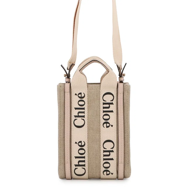Chloé Woody North South Tote 2WAY Handbag Beige/CementPinkCHC24AP243I266J5 Canvas Calf Leather Size… in Beige Calfskin from GALLERY RARE