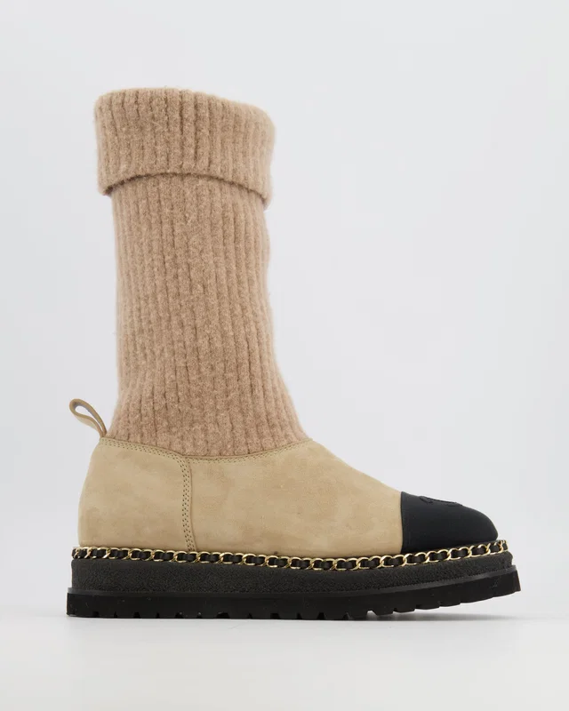 Chanel Beige Suede and Knit Thigh Boots with Black Fabric Front with CC Logo and Gold Chain … 38.5C in Black Suede from Sellier