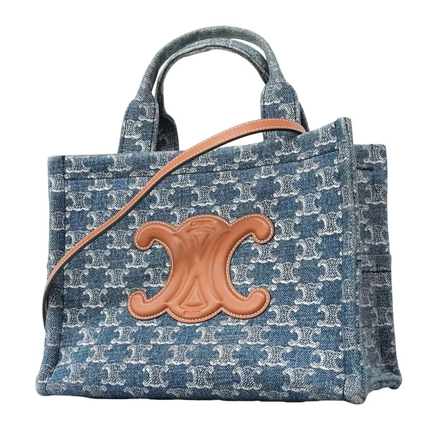 Celine Tote Bag Triomphe Denim Blue Silver 2-Way in Blue Denim from The Reluxe