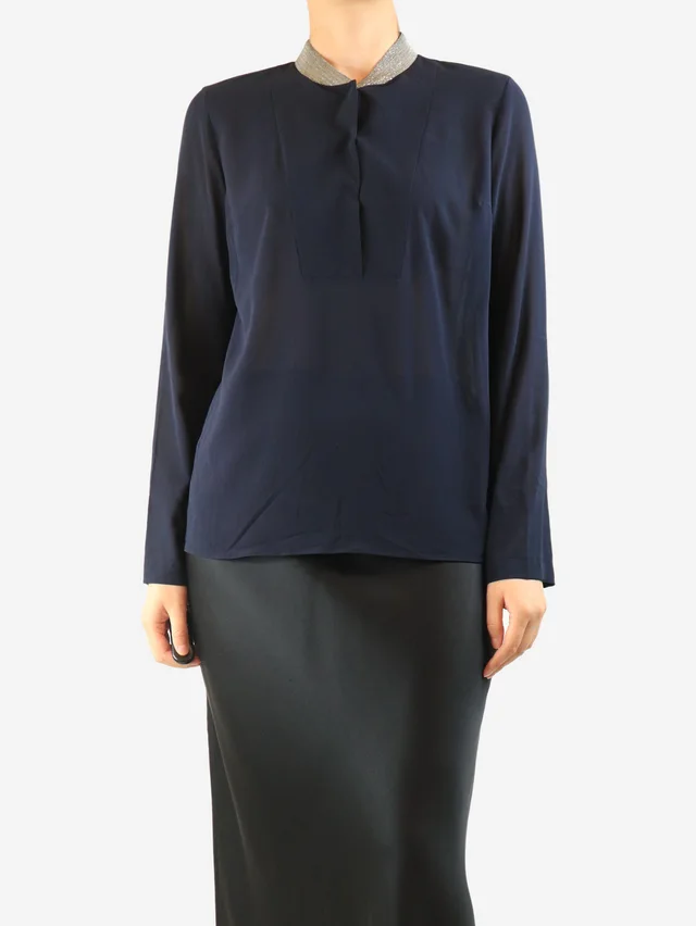 Brunello Cucinelli Navy silk blouse - size S in Navy Silk from Sign of the Times
