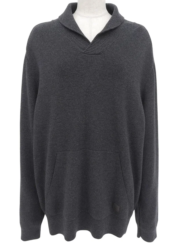 Louis Vuitton Logo Embossed Shawl Neck Knit Sweater #L Charcoal Gray in Grey Wool from VINTAGE QOO TOKYO