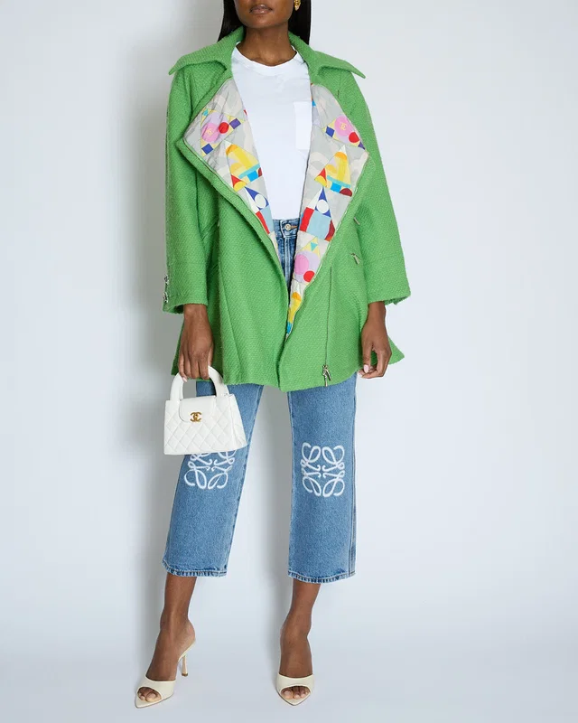 Chanel AW/14 Green Wool Tweed Coat with Pocket Details and Silver Embellished Logo Buttons Size FR 36… in Green Tweed from Sellier