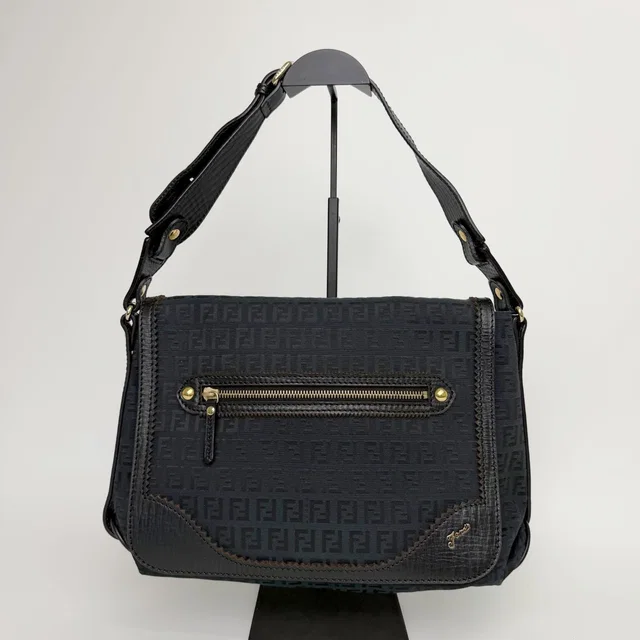 Fendi FF Zucca Front Zip Messenger Shoulder Bag Canvas Leather Black Gold in Black Canvas from The Reluxe