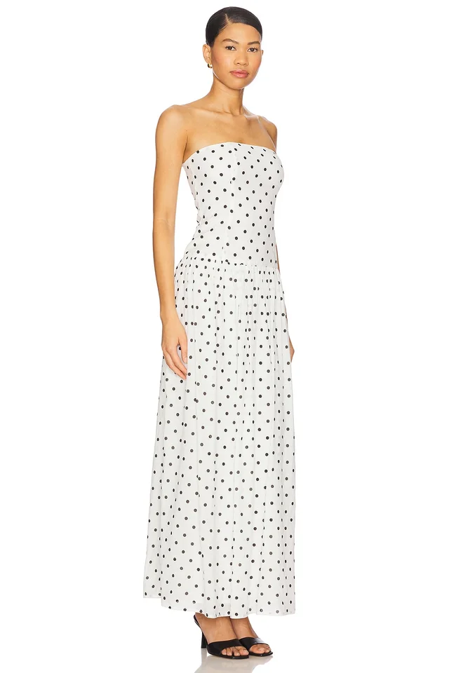 MORE TO COME Celsee Strapless Maxi Dress in White & Black Dot, photo 2 of 4 from REVOLVE (Canada)