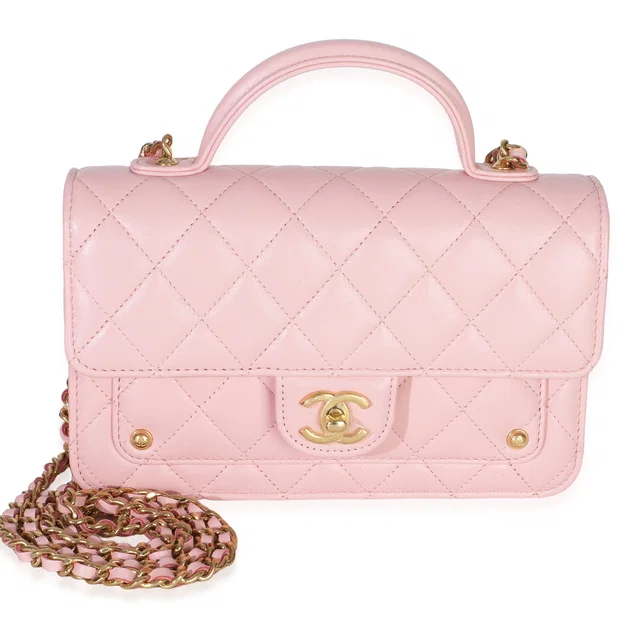 Chanel Light Pink Quilted Lambskin Preppy Satchel Wallet On Chain in Pink Lambskin from myGemma