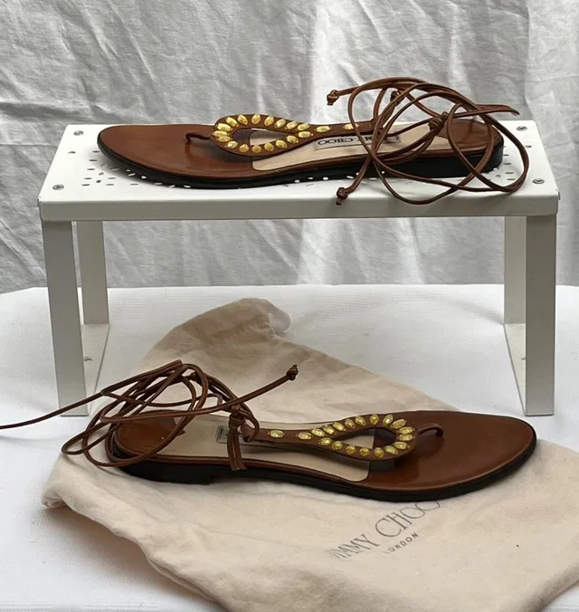 Jimmy Choo flat ankle tie sandals in Brown Leather from Oxfam Online Shop