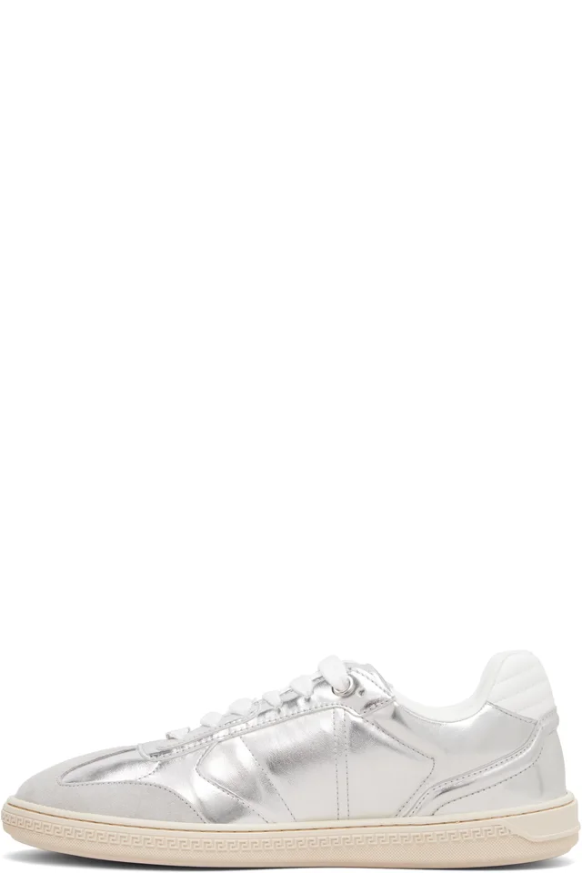 Versace Silver Greca Court Metallic Sneakers, photo 3 of 5 from SSENSE