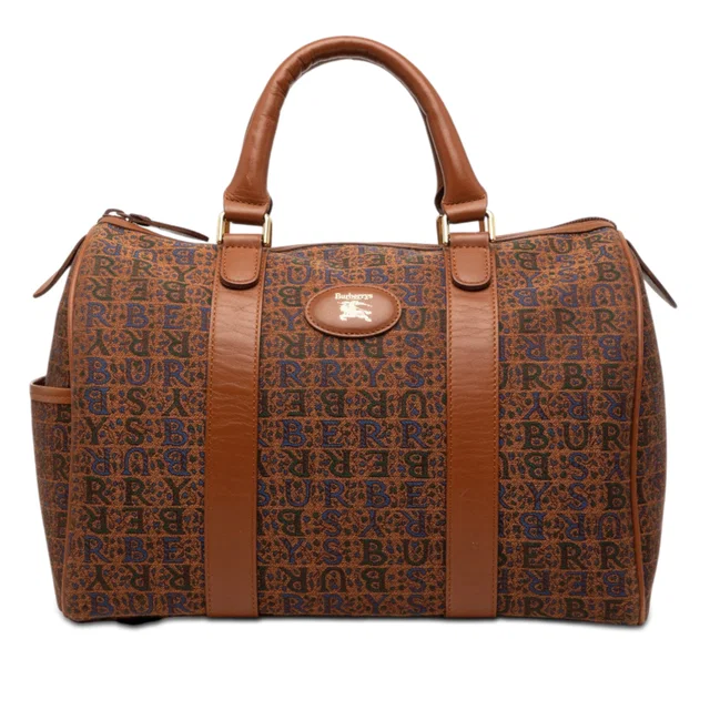 Brown Burberry Logo Printed Canvas Boston Bag in Brown Canvas from Designer Revival