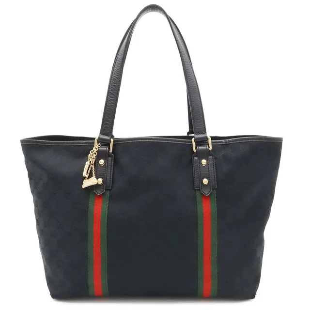 Gucci GG Canvas Sherry Line Tote Shoulder Bag Black Red Green Charm in Black Canvas from The Reluxe