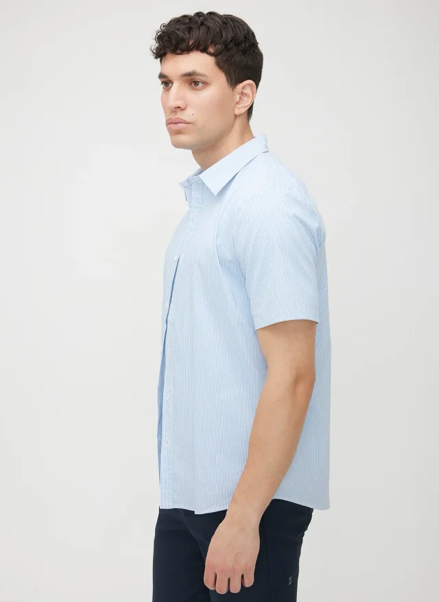 Kit and Ace Acadia Short Sleeve Poplin Shirt in Bright White/Cool Blue Stripe PopTec, photo 6 of 7 from Kit and Ace