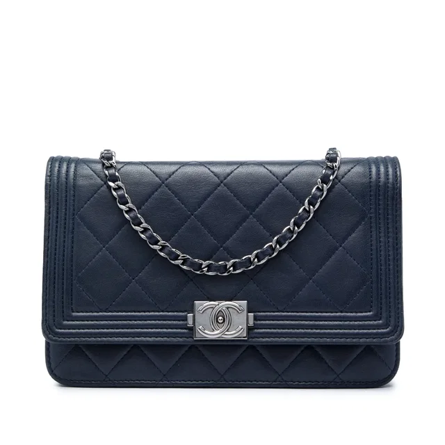 Blue Chanel Quilted Lambskin Boy Wallet On Chain Crossbody Bag in Blue Lambskin from Designer Revival